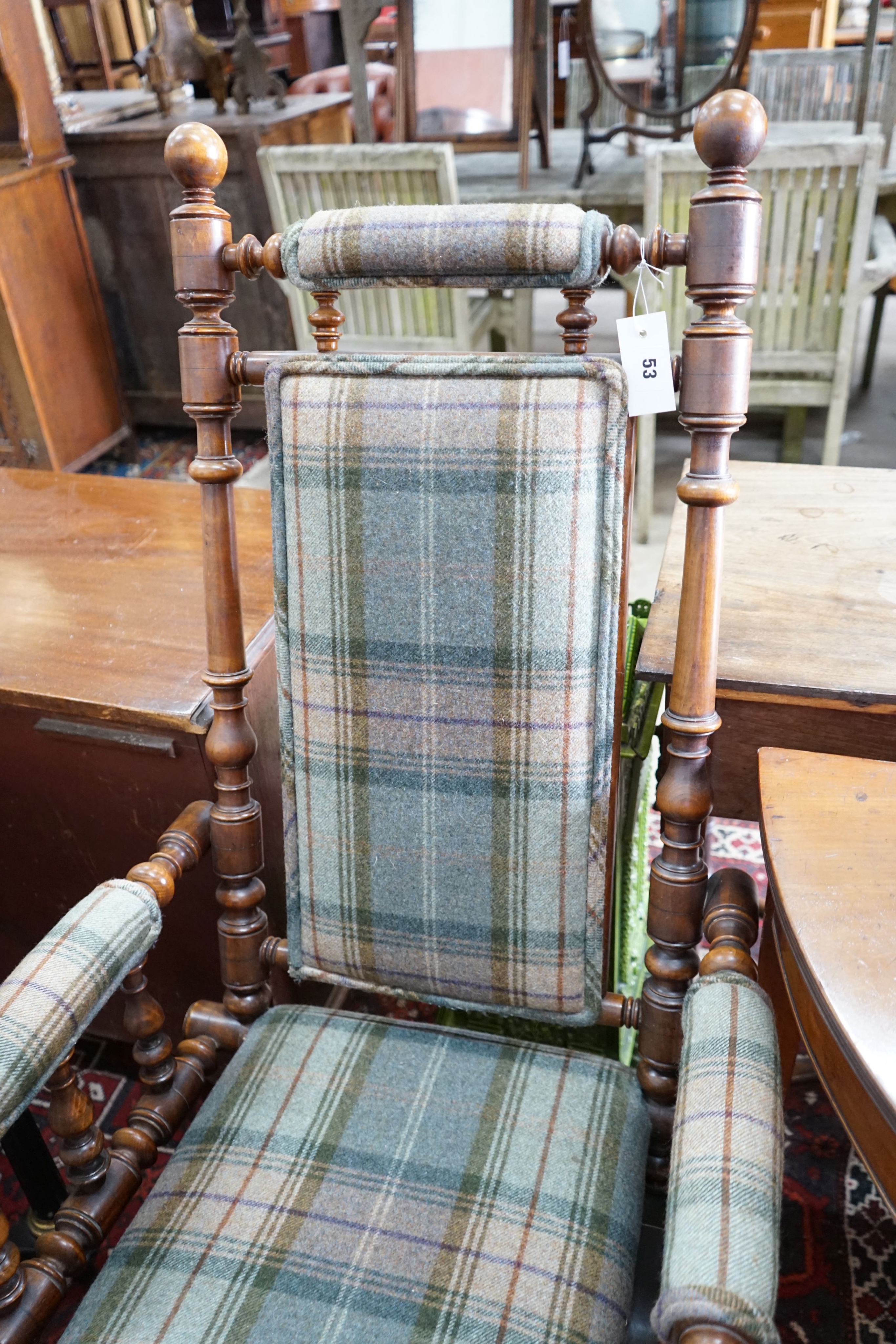 A late 19th century American turned beech rocking chair, width 58cm, depth 50cm, height 122cm